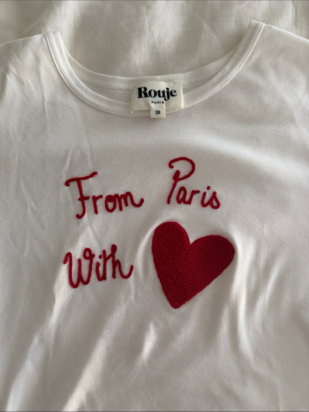 Rouje White Tee with Red Heart and Paris Text - Picture 2 of 3